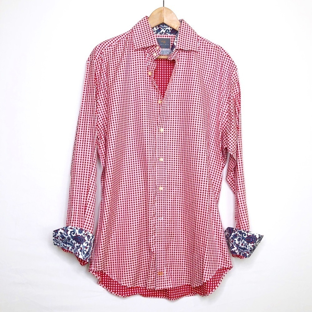 Thomas dean, red and white micro check button down shirt